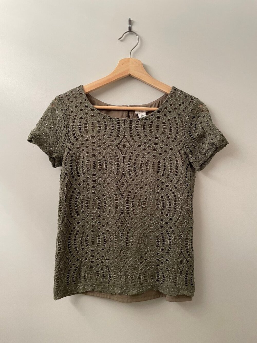 J.Crew Olive Green Crochet Lace Short Sleeve Top